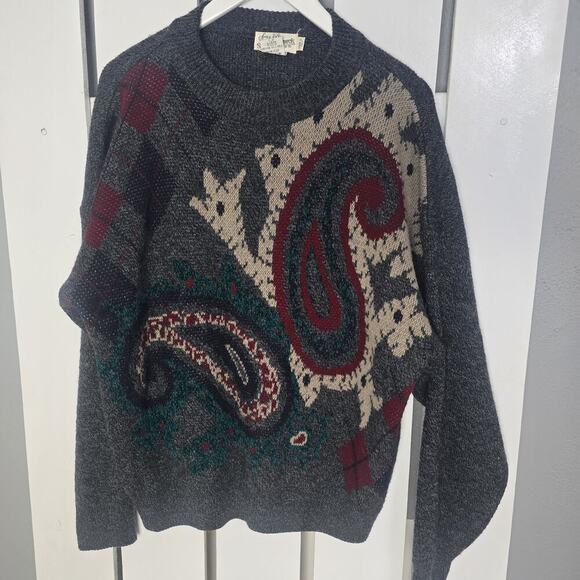 Sears Roebuck & Co VTG Paisley Argyle Gray Wool Blend Sweater XL Grandpacore - Picture 1 of 7